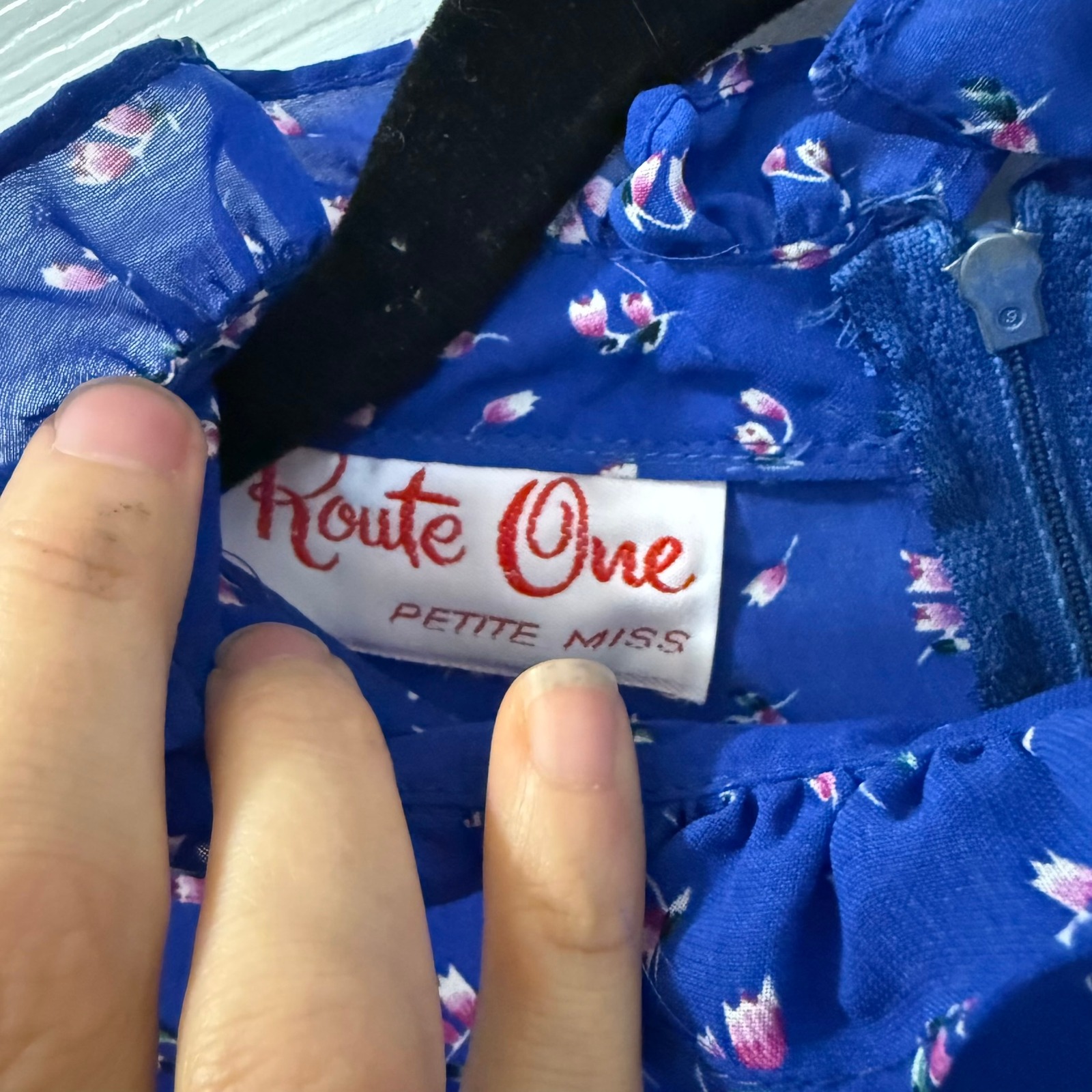 Vintage Secretary Dress Size L Route One Petite Miss Usa Ilgwu Made Blue Floral — image 6 of 8